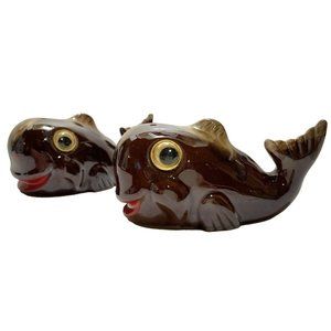 Vintage 1950s Redware Pottery Whales Googly Eyes Japan Brown Drip Salt Pepper